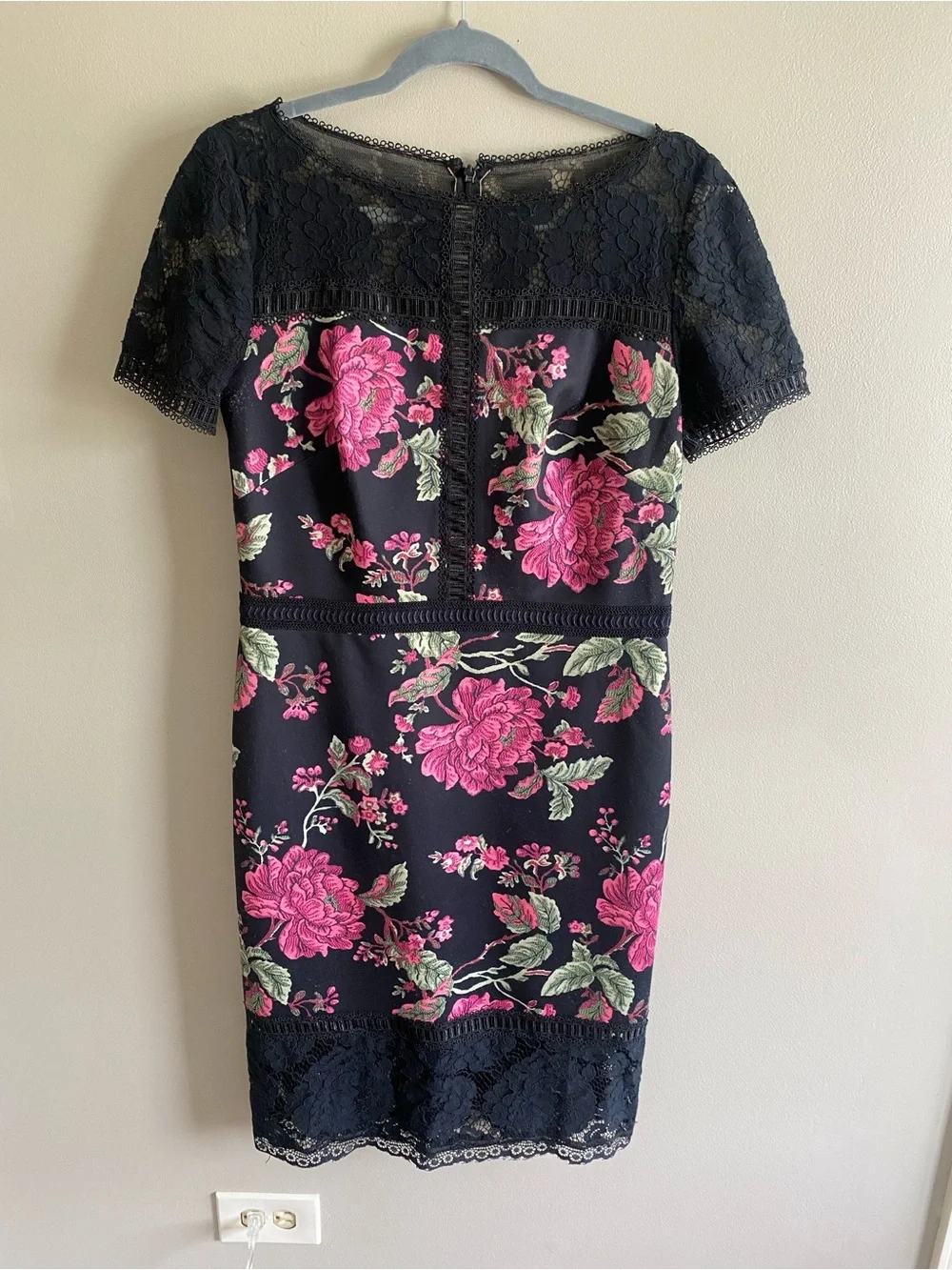 Tadashi Shoji Black Lace Midi Dress with Pink Floral Embroidery - Picture 4 of 13